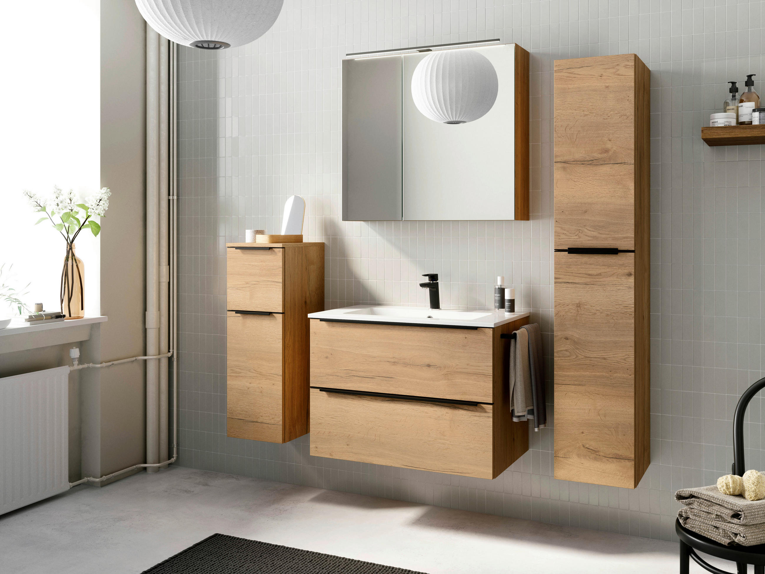 BADEZIMMER 5-teilig  in 141 cm  - Eichefarben/Schwarz, MODERN, Holzwerkstoff/Stein (141cm) - Nobilia
