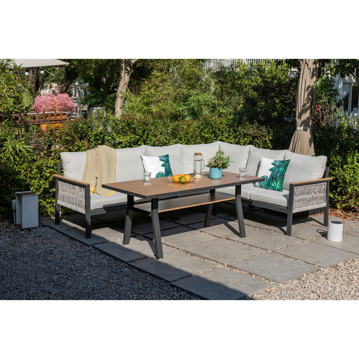 DINING-LOUNGESET Aluminium  - Ecru/Anthrazit, MODERN, Textil/Metall - Gardenson