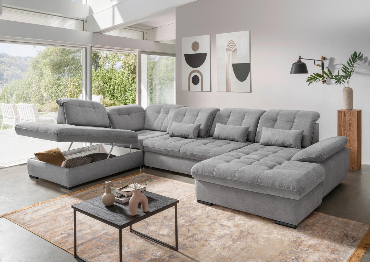 WOHNLANDSCHAFT in Chenille Silberfarben  - Silberfarben/Schwarz, Modern, Textil/Metall (252/387/184cm) - Livetastic