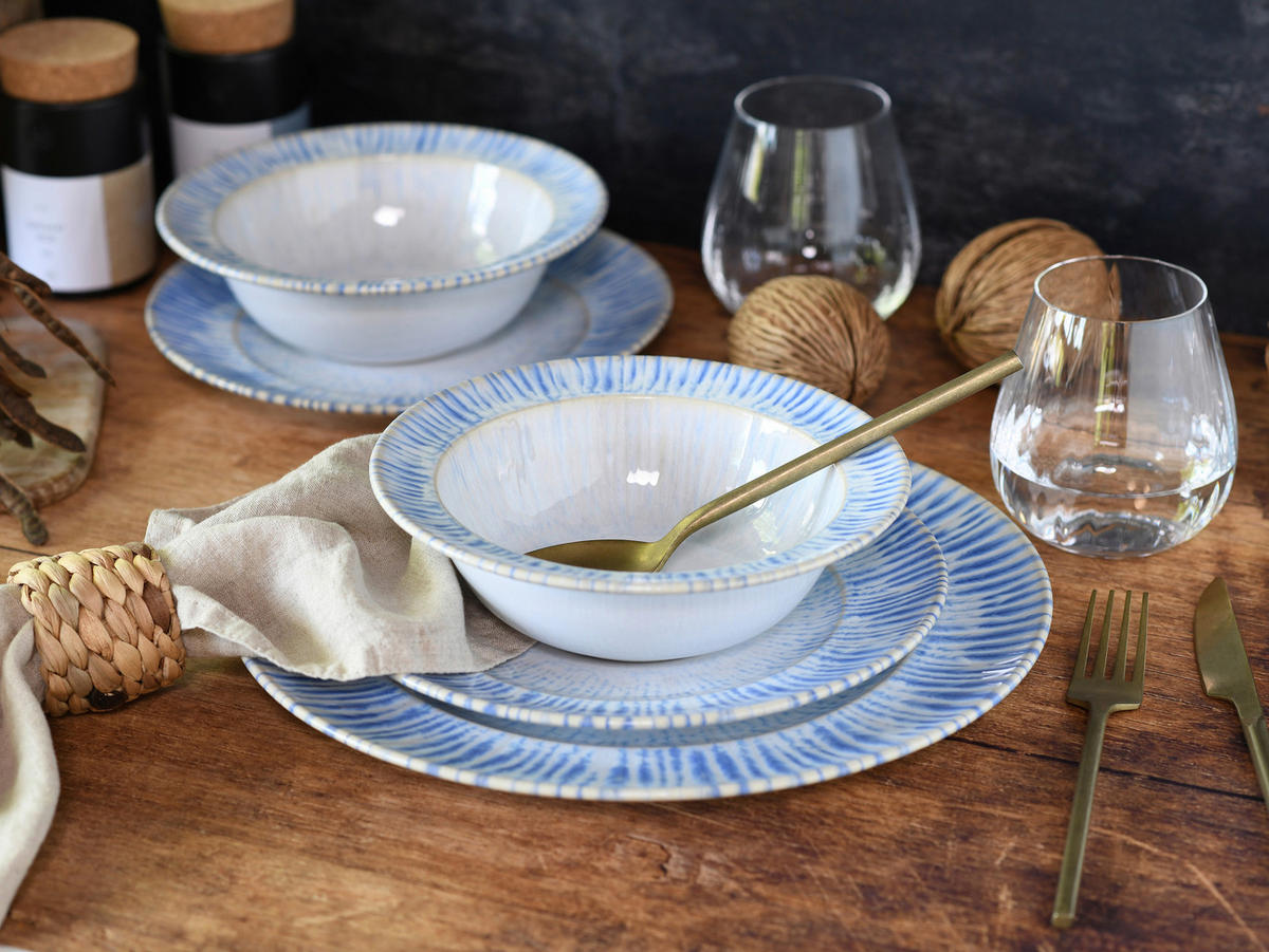JÍDELNÍ SOUPRAVA, kamenina - bílá/světle modrá, Design, keramika - Creatable
