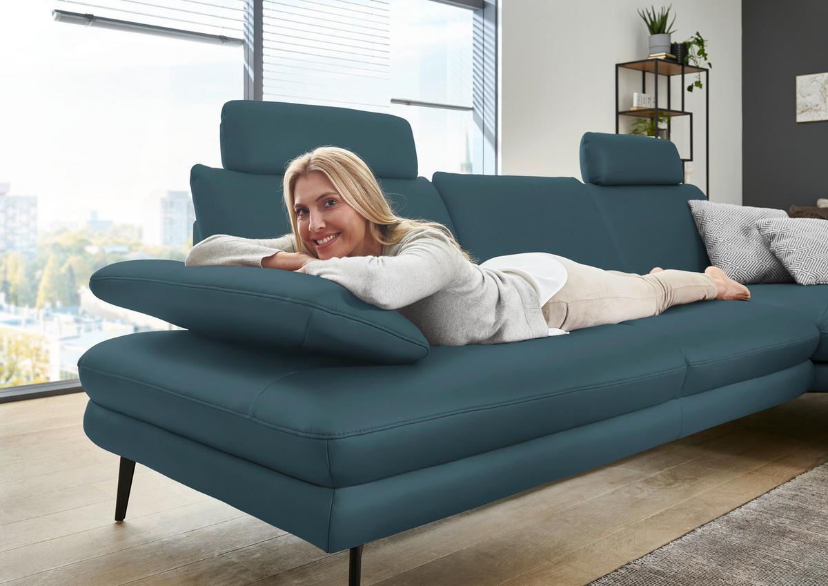 ECKSOFA in Echtleder Blau  310/180 cm  - Blau/Schwarz, Design, Leder/Metall (310/180cm) - Dieter Knoll
