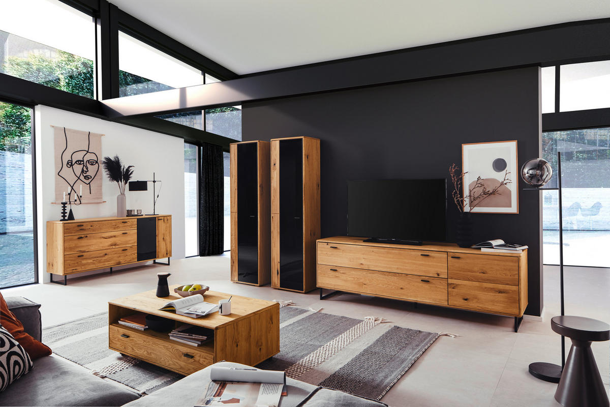 WOHNWAND  in Wildeiche 333/190/50 cm  - Wildeiche/Anthrazit, Design, Glas/Holz (333/190/50cm) - MID.YOU