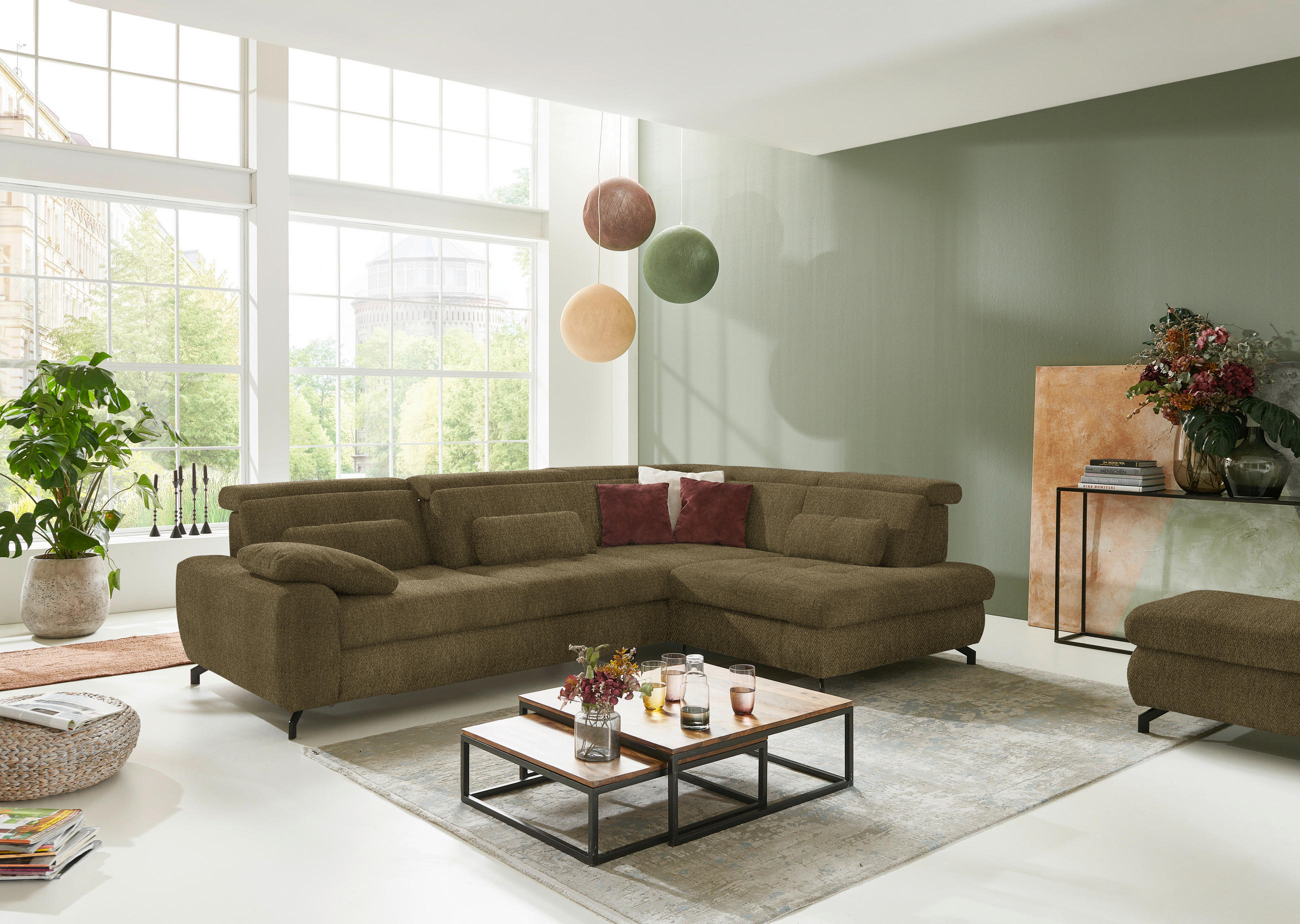 ECKSOFA in Chenille Grün  - Schwarz/Grün, Design, Textil/Metall (310/220cm) - Beldomo Style