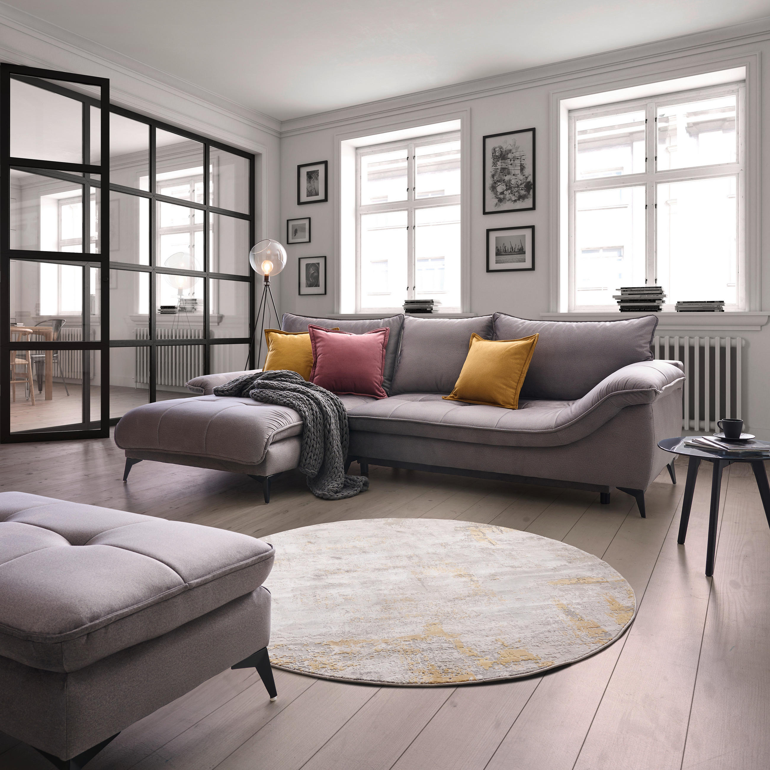 ECKSOFA Grau Velours  - Schwarz/Grau, Design, Textil/Metall (175/304cm) - Stylife
