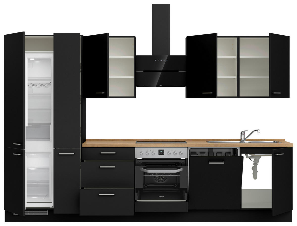 KÜCHENLEERBLOCK 330 cm   in Schwarz, Eichefarben  - Edelstahlfarben/Eichefarben, MODERN, Holzwerkstoff/Metall (330cm) - Nobilia