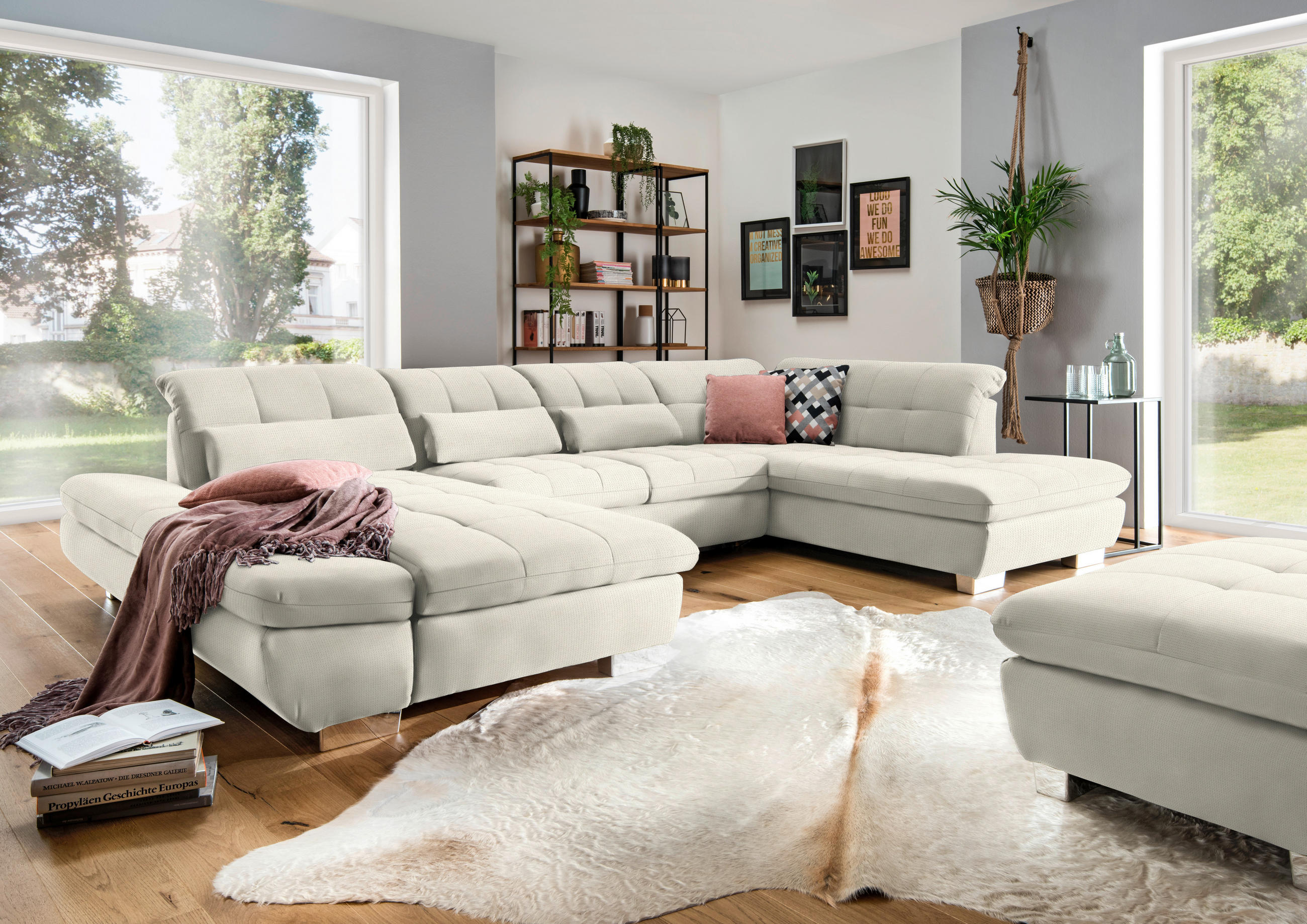 WOHNLANDSCHAFT in Mikrofaser Weiss  - Chromfarben/Weiss, Design, Kunststoff/Textil (204/350/211cm) - Xora