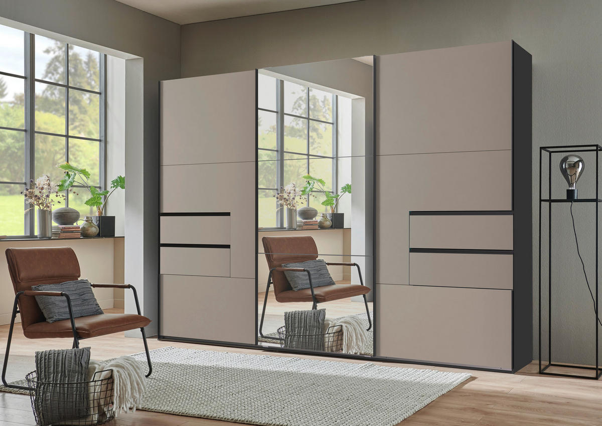 SCHWEBETÜRENSCHRANK  in Graphitfarben, Sahara  - Graphitfarben/Sahara, Design, Glas/Holzwerkstoff (300/216/65cm) - Stylife