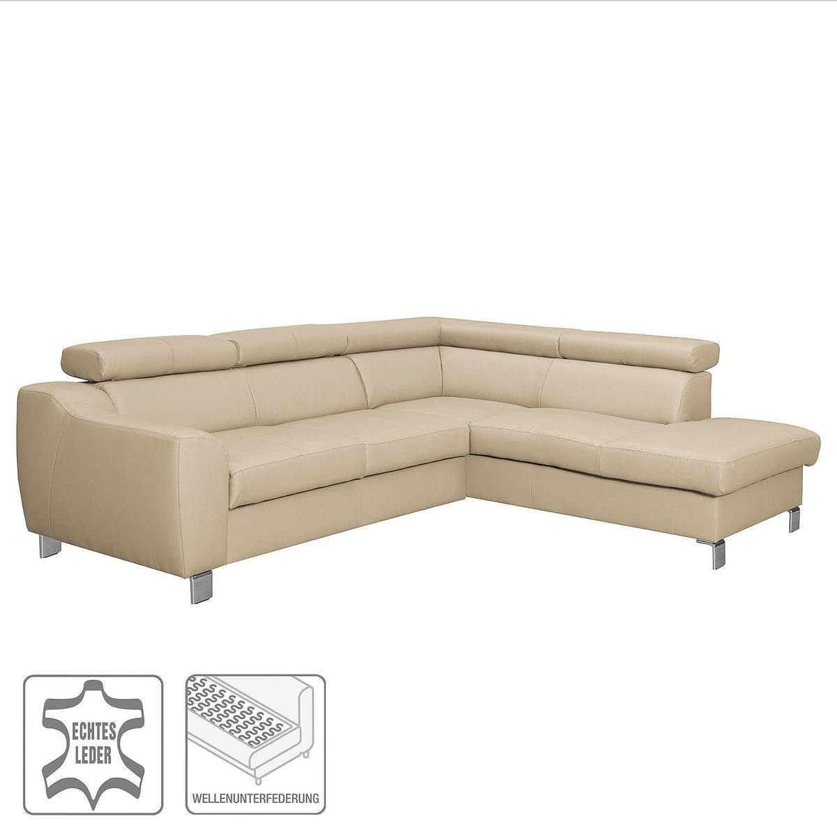 ECKSOFA in Lederlook Echtleder Beige  245/208 cm  - Chromfarben/Beige, Design, Leder/Textil (245/208cm) - Livetastic