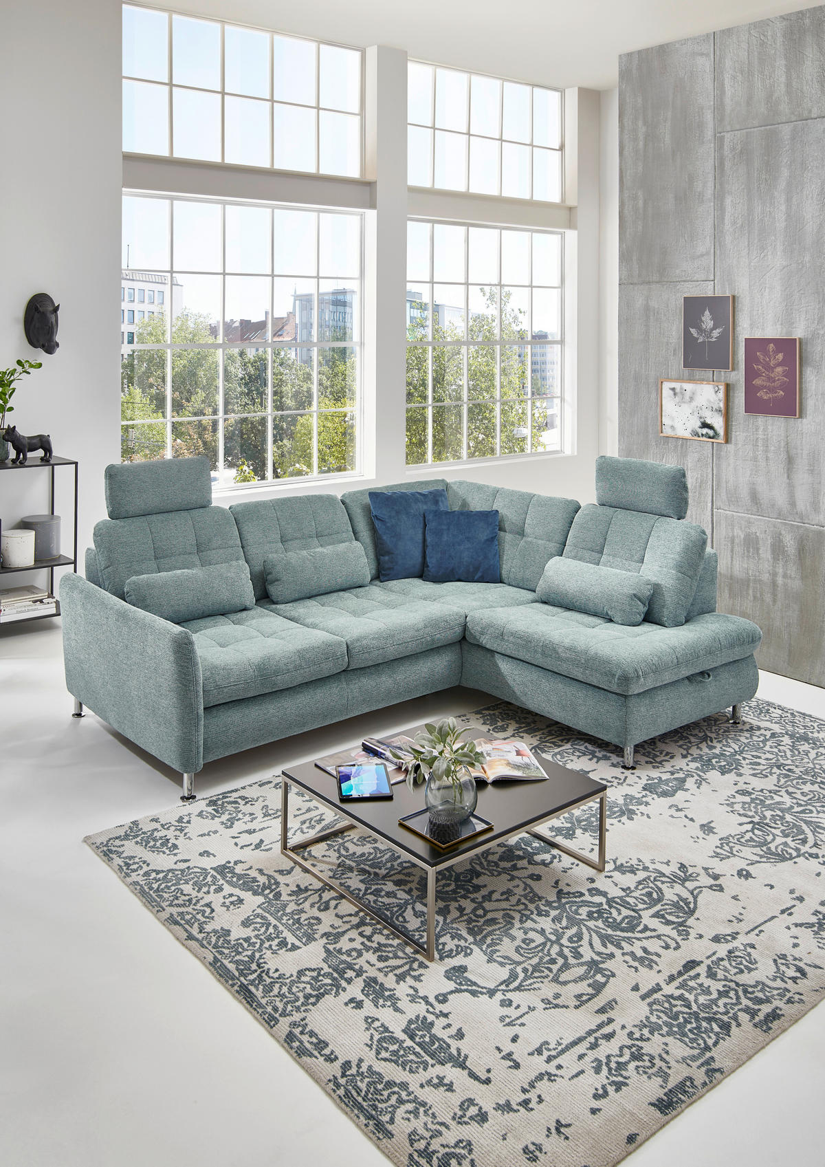 ECKSOFA in Webstoff Türkis  - Türkis/Chromfarben, Konventionell, Textil/Metall (242/210cm) - Beldomo Style