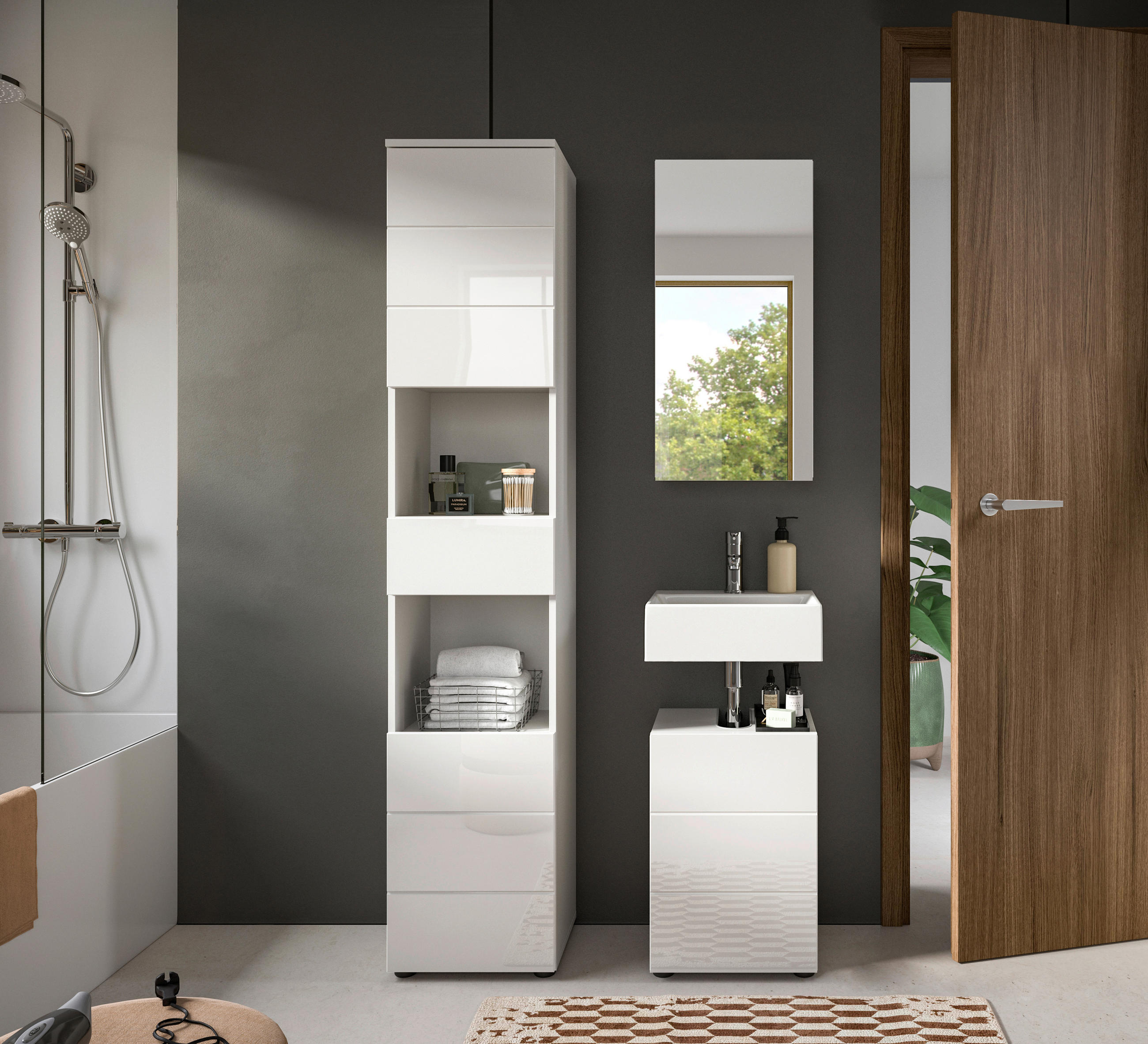 BADEZIMMER 3-teilig  in 76 cm  - Weiß Hochglanz/Schwarz, MODERN, Holzwerkstoff/Kunststoff (76cm) - MID.YOU