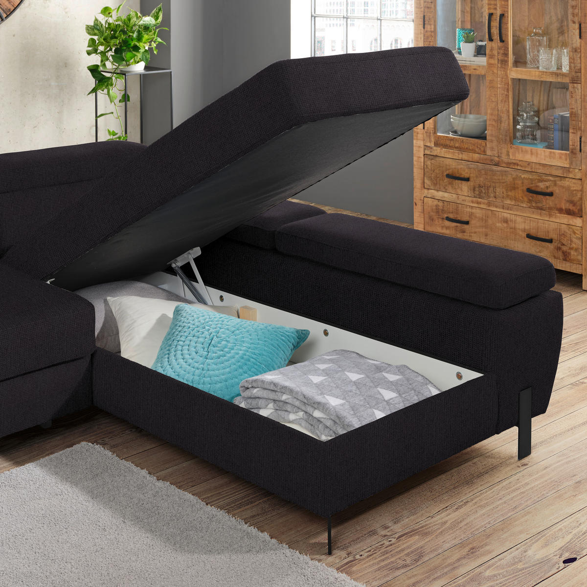 HÖRNSOFFA i vävt tyg svart  - svart, Modern, metall/trämaterial (277/90/189cm) - MID.YOU