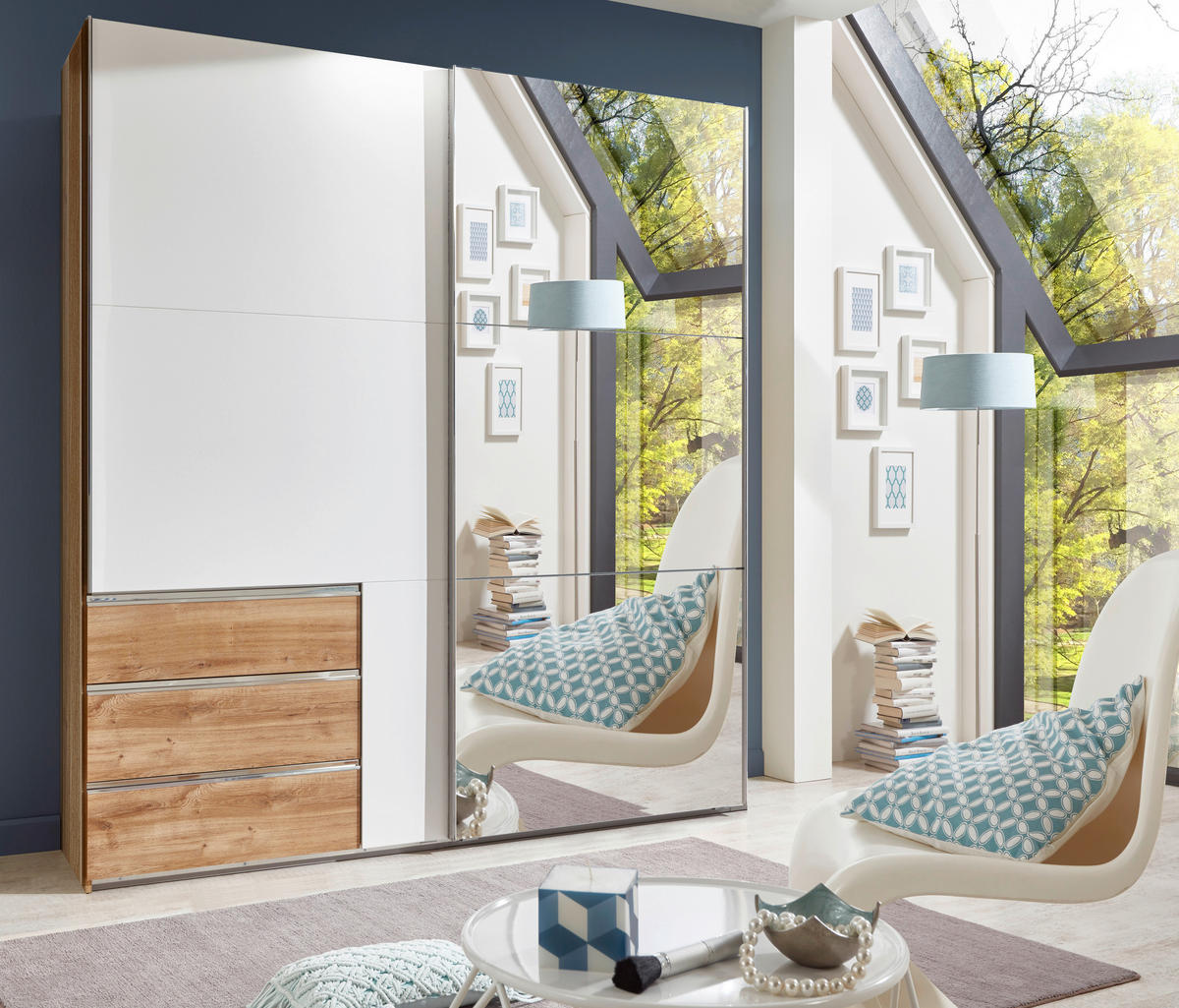 SCHWEBETÜRENSCHRANK  in Weiß, Plankeneiche  - Chromfarben/Plankeneiche, MODERN, Glas/Holzwerkstoff (200/236/65cm) - MID.YOU