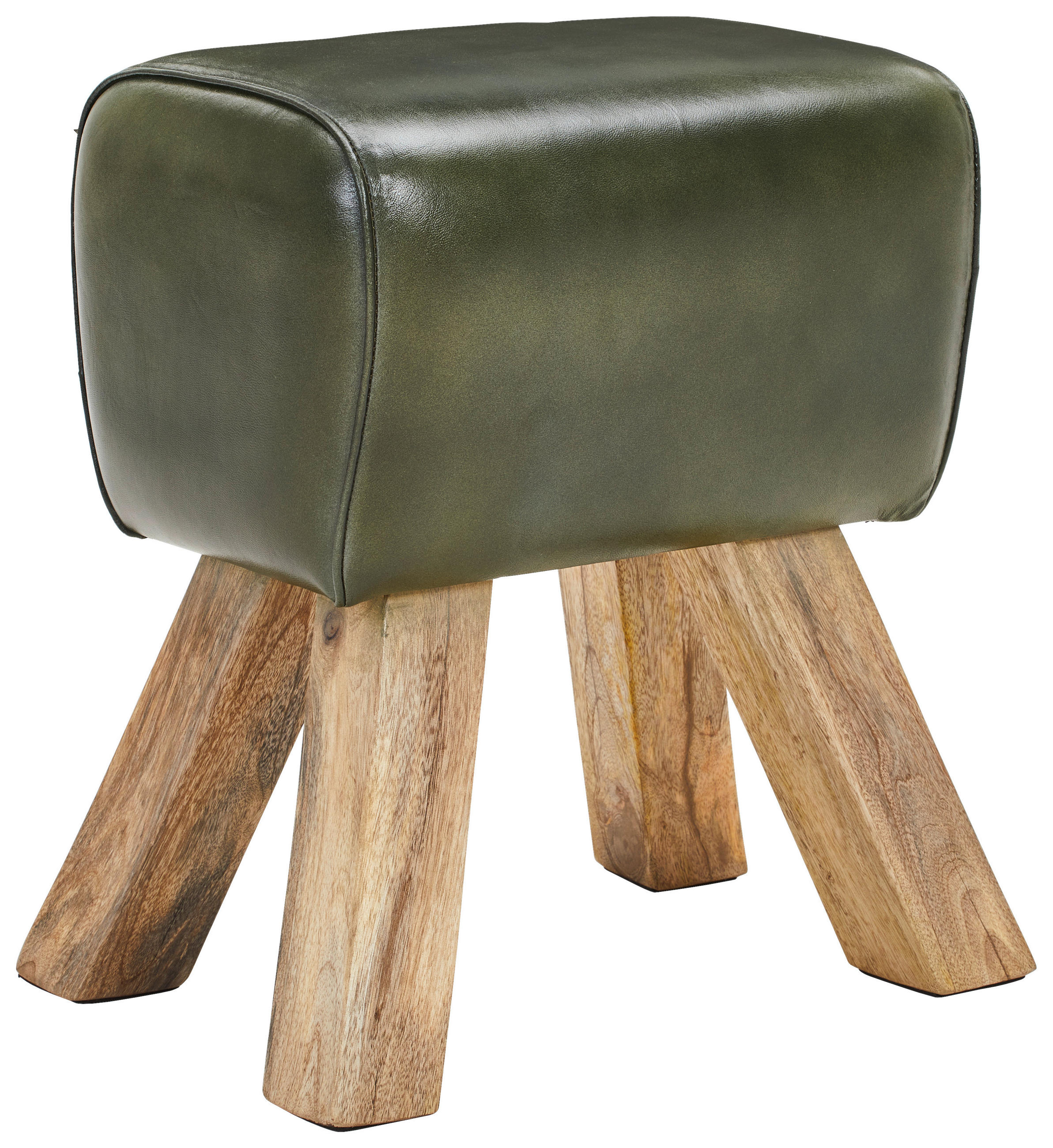 HOCKER Echtleder Mangoholz Olivgrün  - Naturfarben/Olivgrün, LIFESTYLE, Leder/Holz (42/45/35cm) - Livetastic