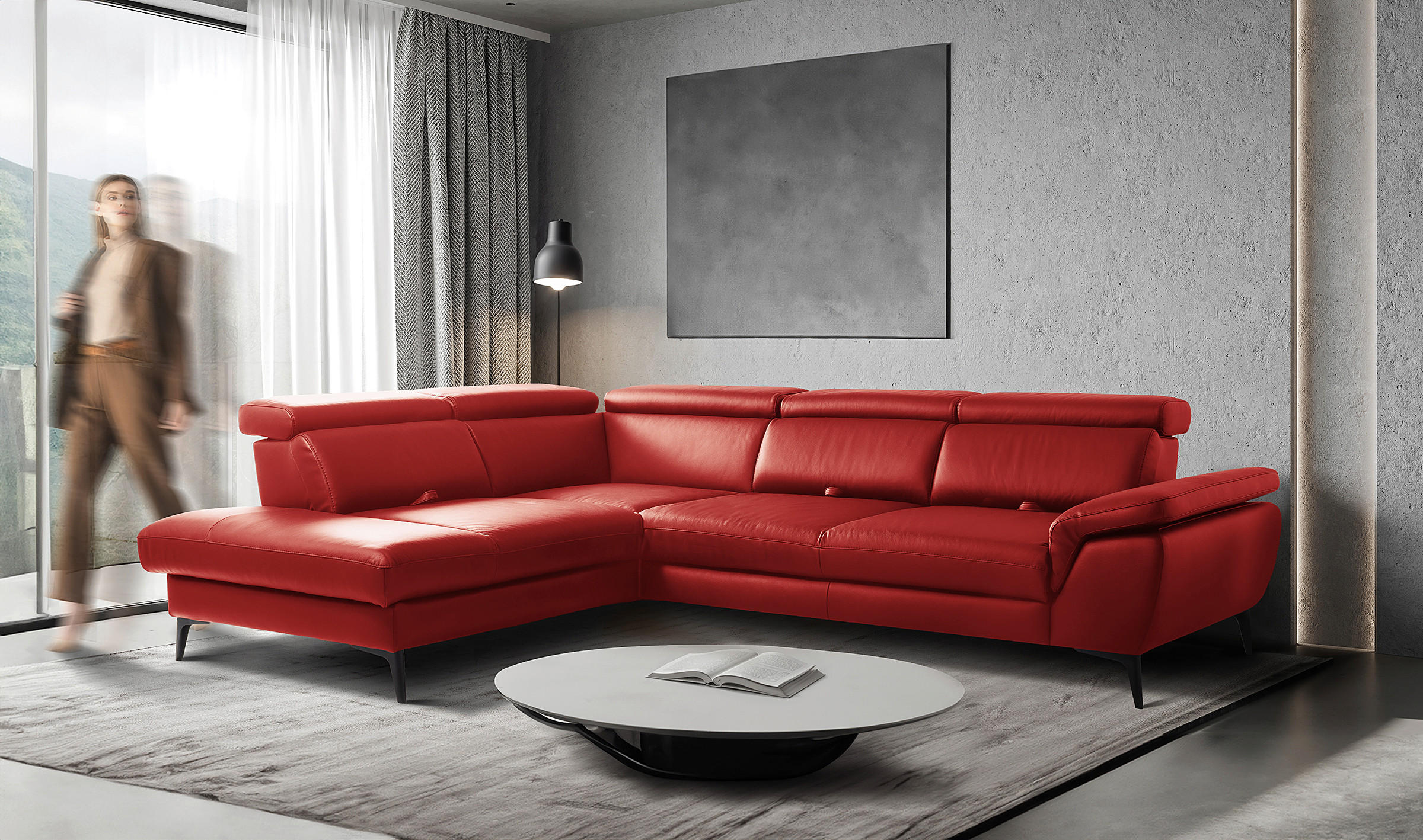 ECKSOFA  in Lederlook Echtleder Rot  220/274 cm  - Rot/Schwarz, Design, Leder/Textil (220/274cm) - Livetastic