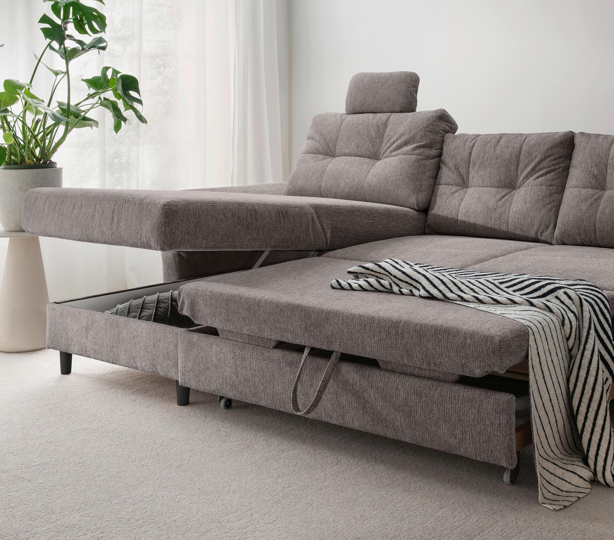WOHNLANDSCHAFT in Chenille Graubraun  - Graubraun/Schwarz, Modern, Holz/Textil (176/338/206cm) - Livetastic