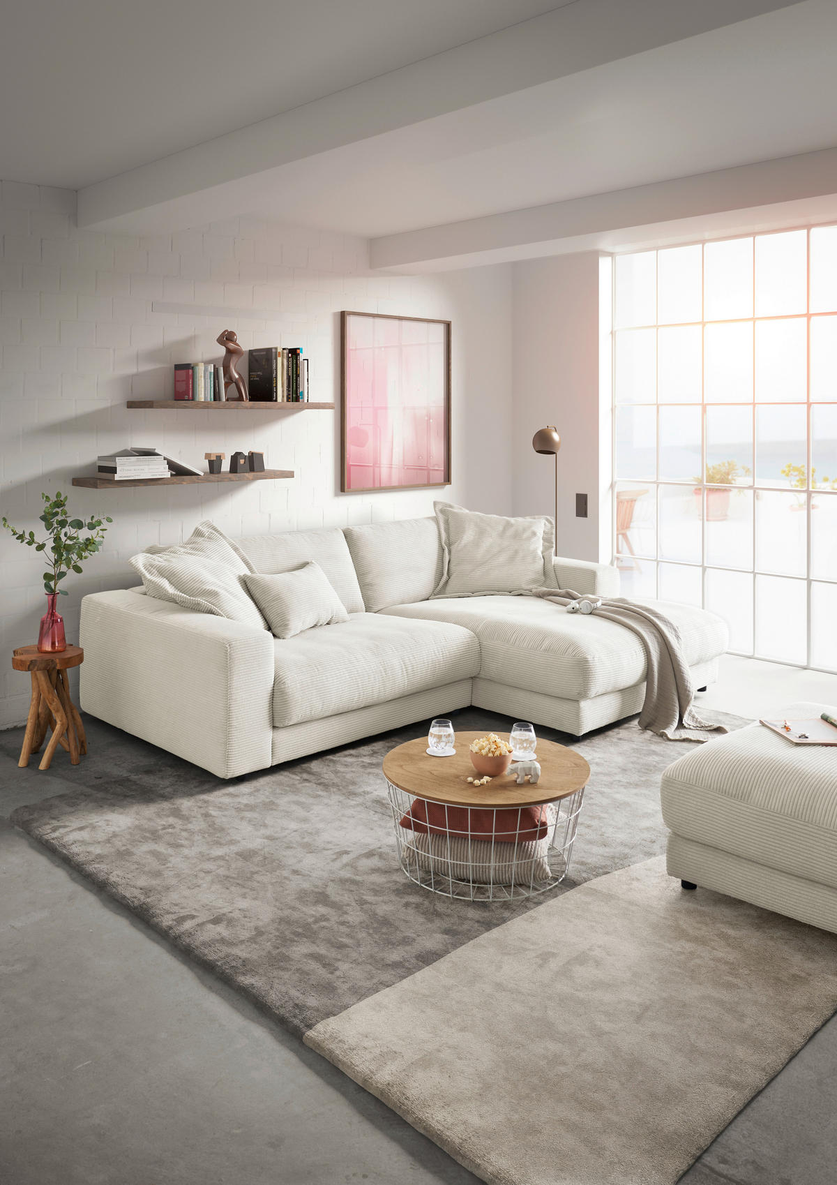 ECKSOFA in Cord Weiss  - Weiss/Schwarz, Design, Kunststoff/Textil (270/190cm) - Lomoco