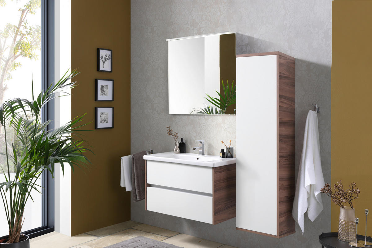 BADEZIMMER  in 90 cm  - Weiß Hochglanz/Nussbaumfarben, Basics, Glas/Keramik (90cm) - Voleo