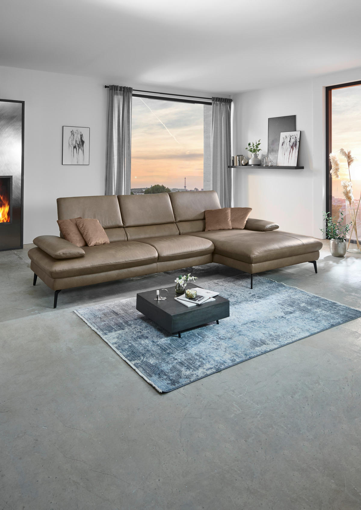 ECKSOFA in Echtleder Graubraun  - Graubraun/Schwarz, Design, Leder/Metall (157/325cm) - Dieter Knoll