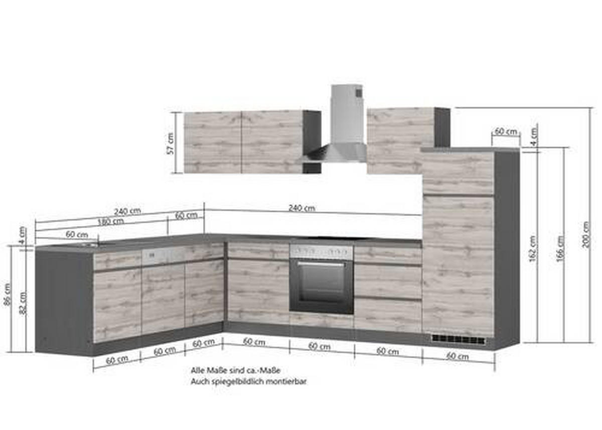ECKKÜCHE 240/300 cm  in Grau, Eiche Wotan  - Eiche Wotan/Grau, Design, Holzwerkstoff (240/300cm) - Held