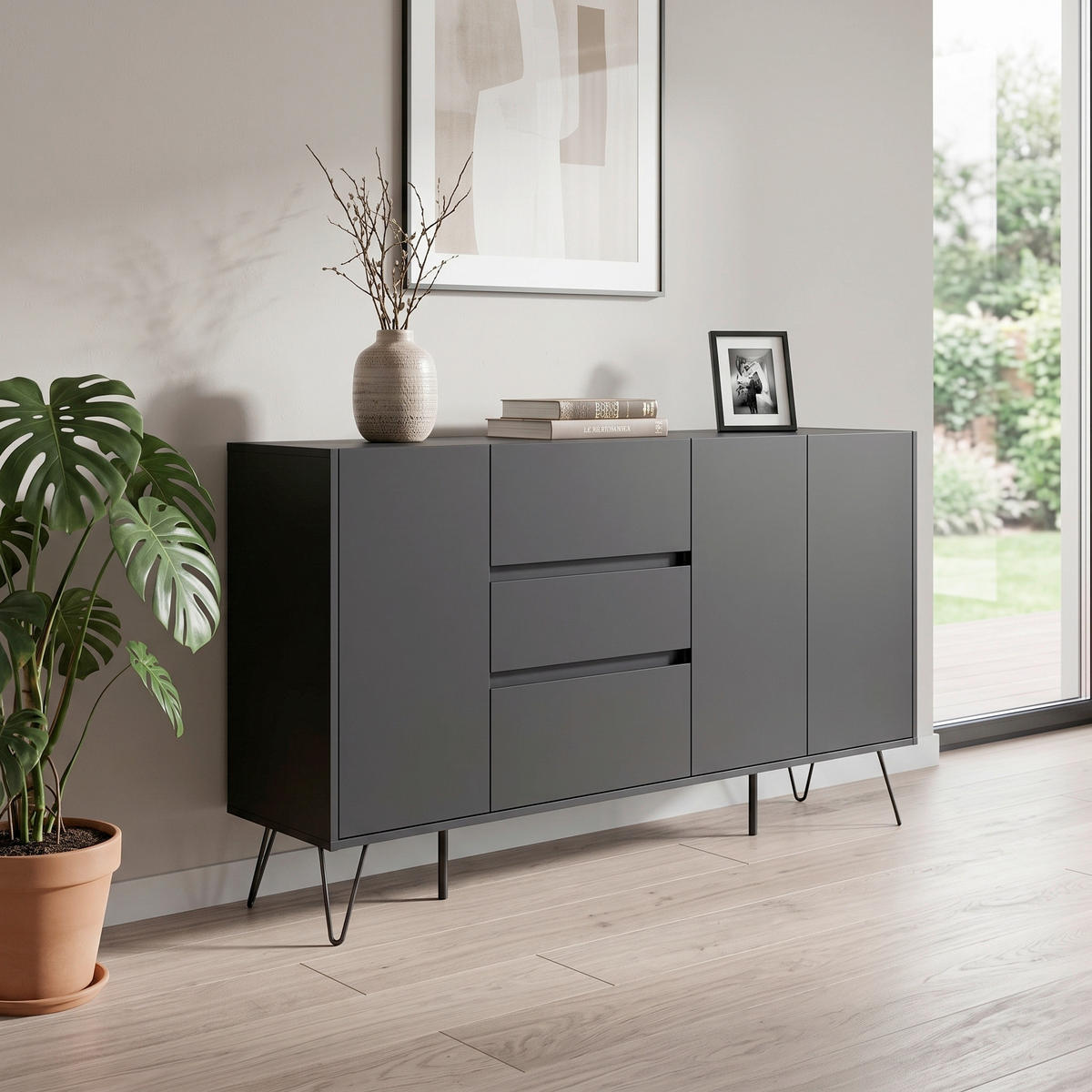 SIDEBOARD Posseik Industrial 177/93,6/42 cm 3 Schublade(n)  - Graphitfarben/Schwarz, Design, Holzwerkstoff/Metall (177/93,6/42cm) - MID.YOU