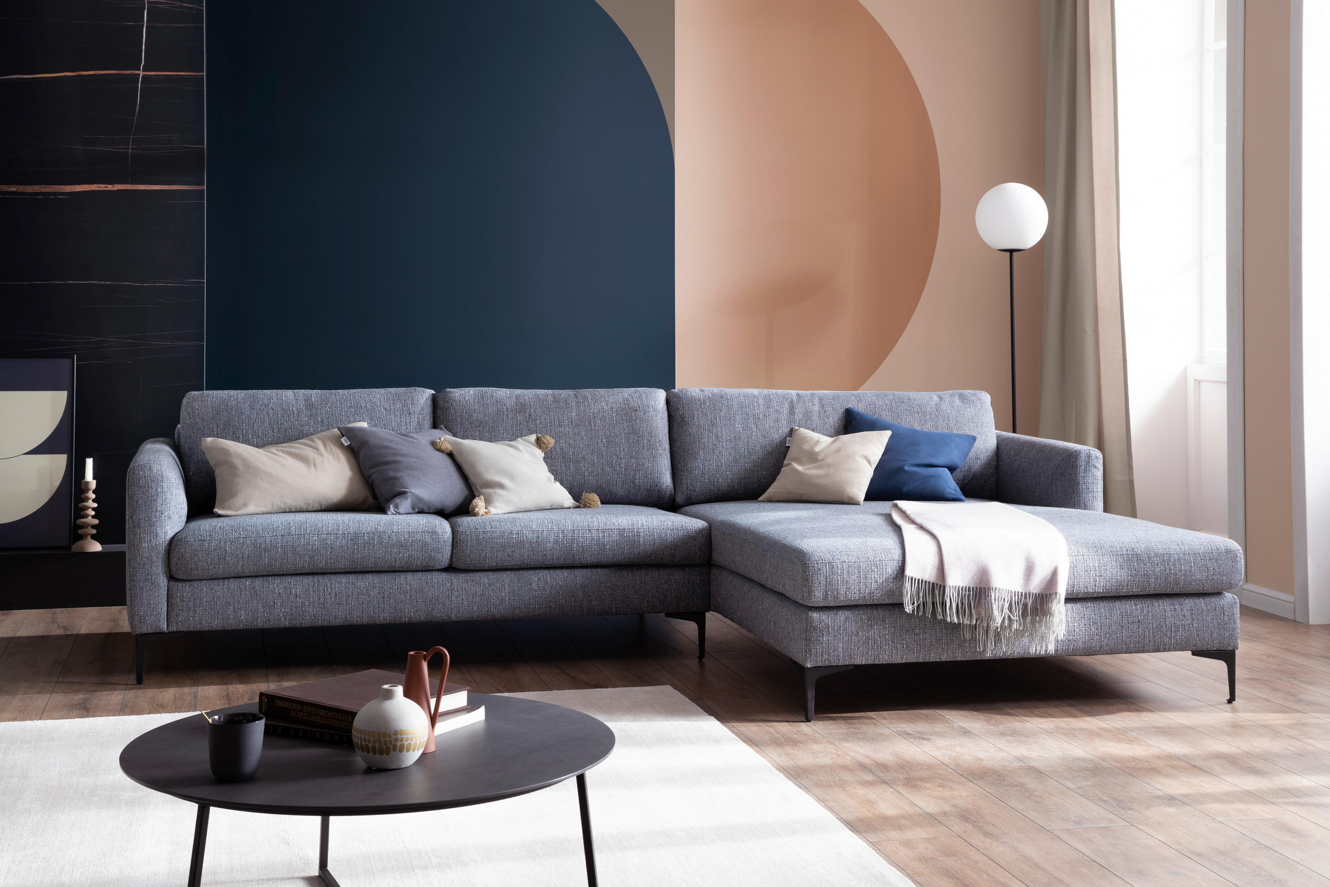 ECKSOFA Blaugrau Flachgewebe - Blaugrau/Schwarz, Design, Textil/Metall (310/195cm) - Schöner Wohnen