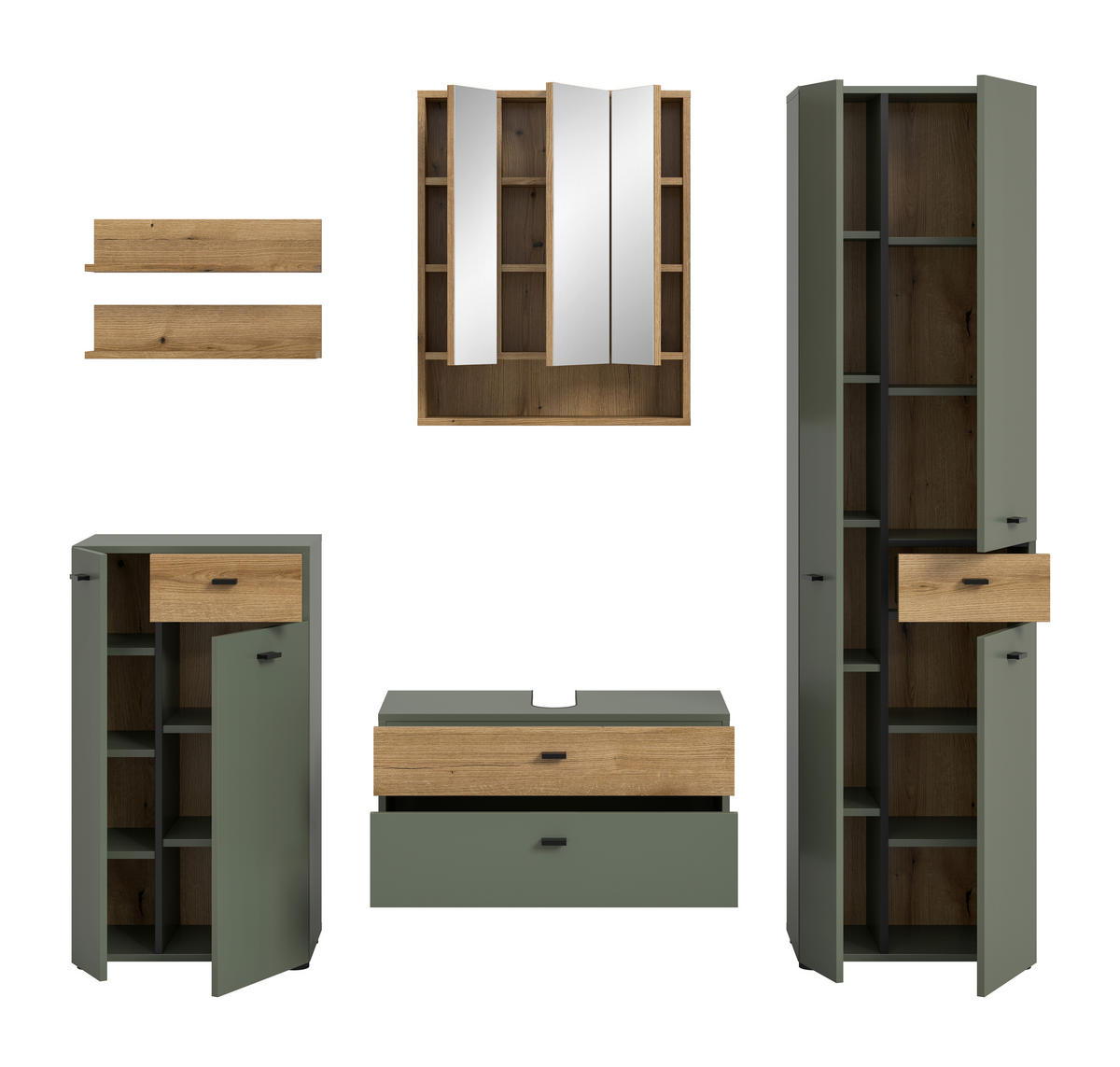 BADEZIMMER 5-teilig  in 177 cm  - Eichefarben/Schwarz, Trend, Glas/Holzwerkstoff (177cm) - MID.YOU