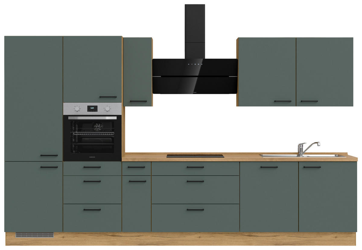 KÜCHENBLOCK 360 cm   in Eichefarben, Dunkelgrün  - Dunkelgrün/Eichefarben, MODERN, Holzwerkstoff/Metall (360cm) - Nobilia