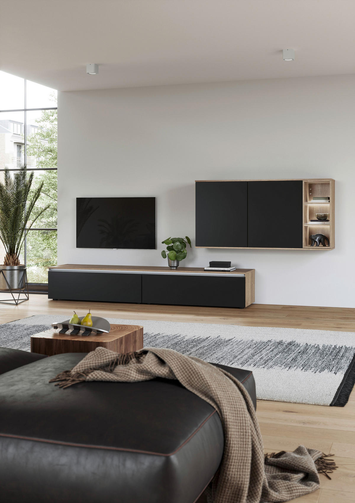 WOHNWAND  in Schwarz, Eichefarben  330/150/48,5 cm  - Eichefarben/Schwarz, Design, Holzwerkstoff/Kunststoff (330/150/48,5cm) - Celina Home
