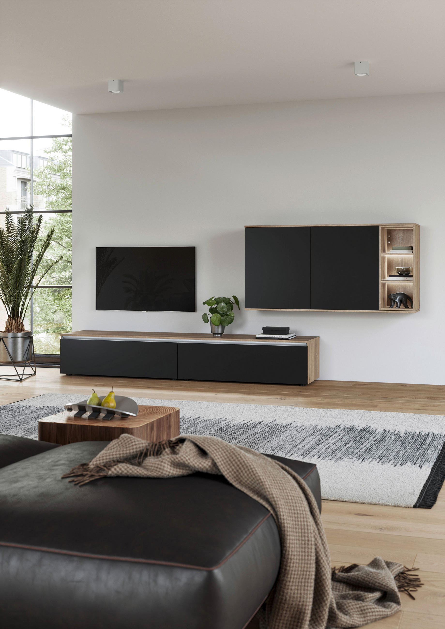 Thumbnail - Celina Home Wohnwand, Schwarz, Eiche, Holzwerkstoff, 3,6 Fächer, 2 Schublade(n) Schubladen, 330x150x48.5 cm, individuell...