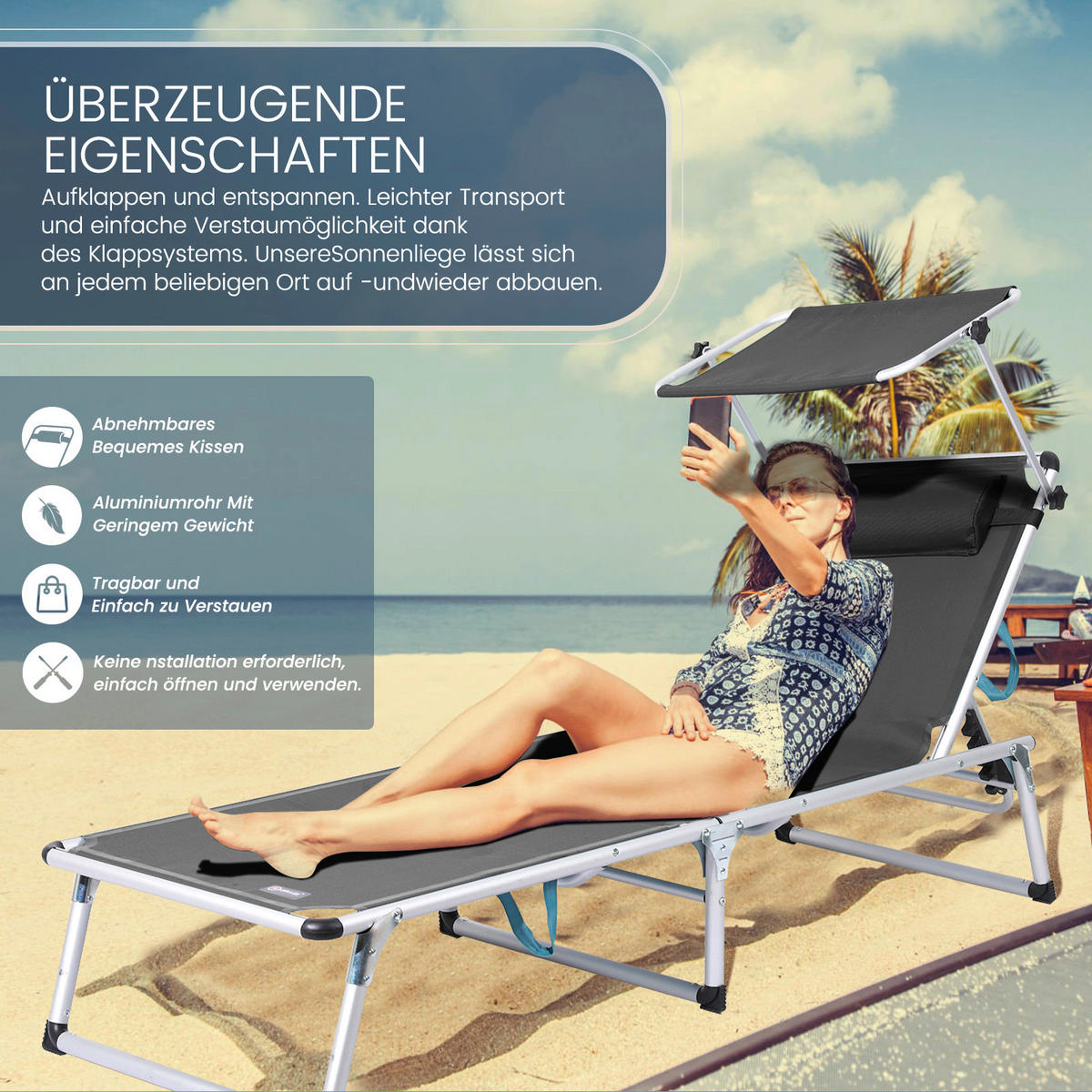 STRANDLIEGE 190/73/62 cm  - Schwarz, Basics, Textil/Metall (190/73/62cm) - Modante