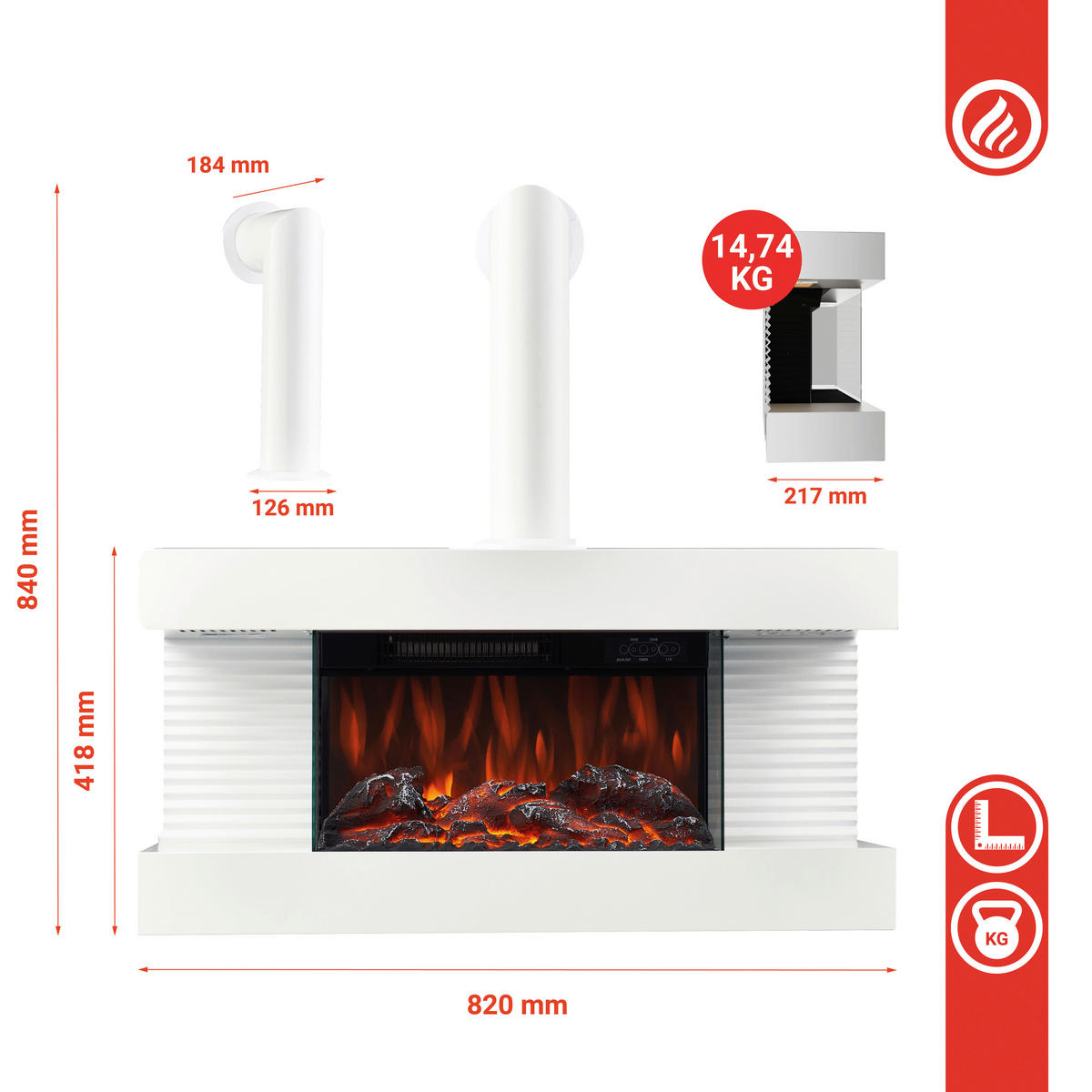 ELEKTROKAMIN - Weiß, Basics, Glas/Metall (82,0/84,0/21,7cm)