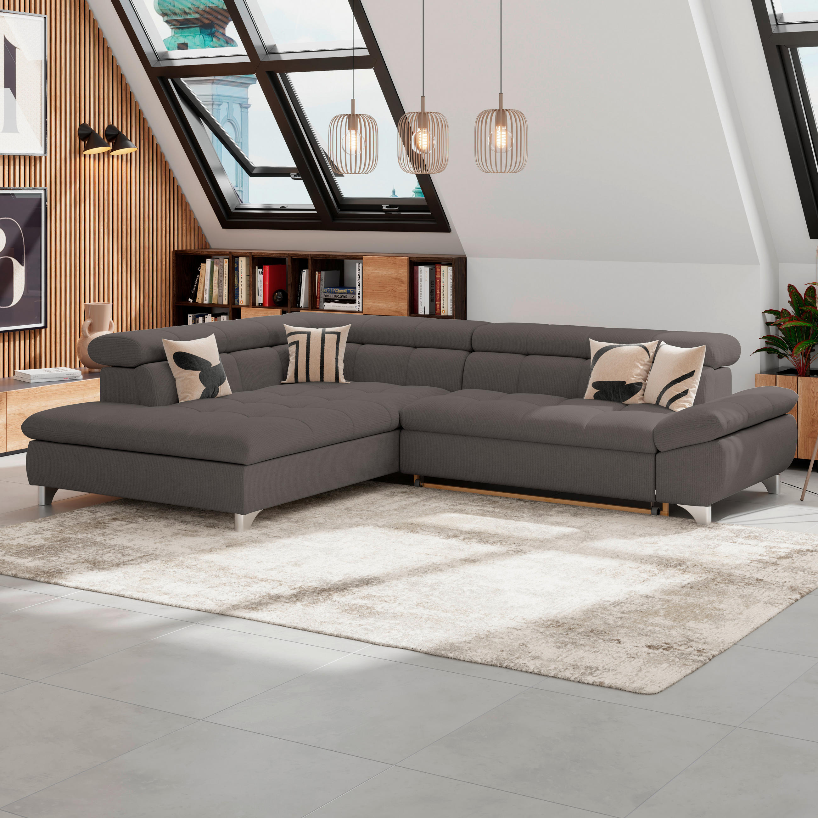 ECKSOFA Braun Chenille  - Chromfarben/Braun, KONVENTIONELL, Textil/Metall (234/312cm) - Livetastic