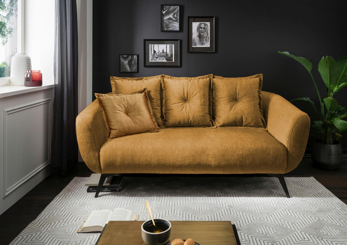 2,5-SITZER in Velours Gelb  - Gelb/Schwarz, Modern, Holz/Textil (196/94/103cm) - Livetastic