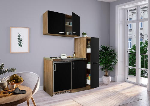 MINIKÜCHE 130 cm   in Schwarz, Eichefarben  - Edelstahlfarben/Eichefarben, Modern, Holzwerkstoff/Metall (130cm) - Respekta
