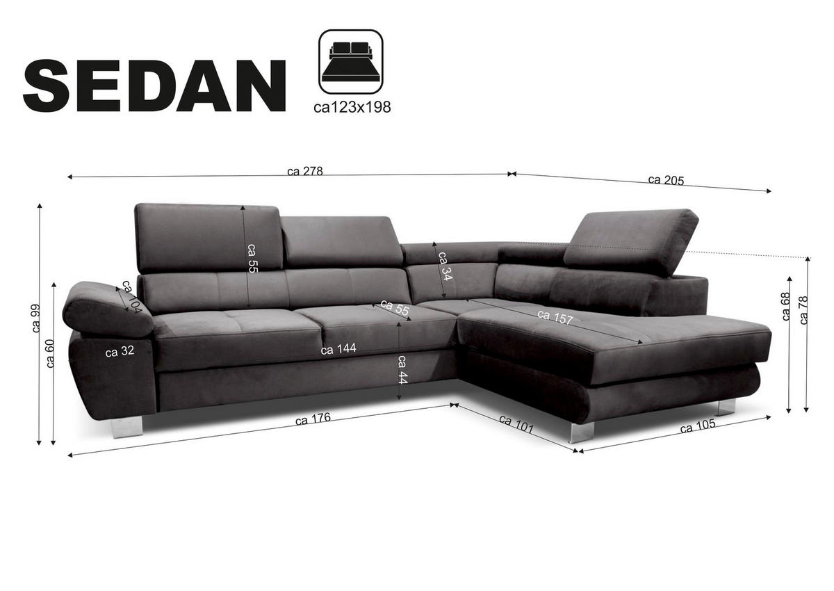 ECKSOFA Schwarz Webstoff Bettkasten, Schlaffunktion, Rücken echt, Armteilverstellung, Kopfteilverstellung  - Chromfarben/Schwarz, MODERN, Textil/Metall (278/205cm) - Stylife