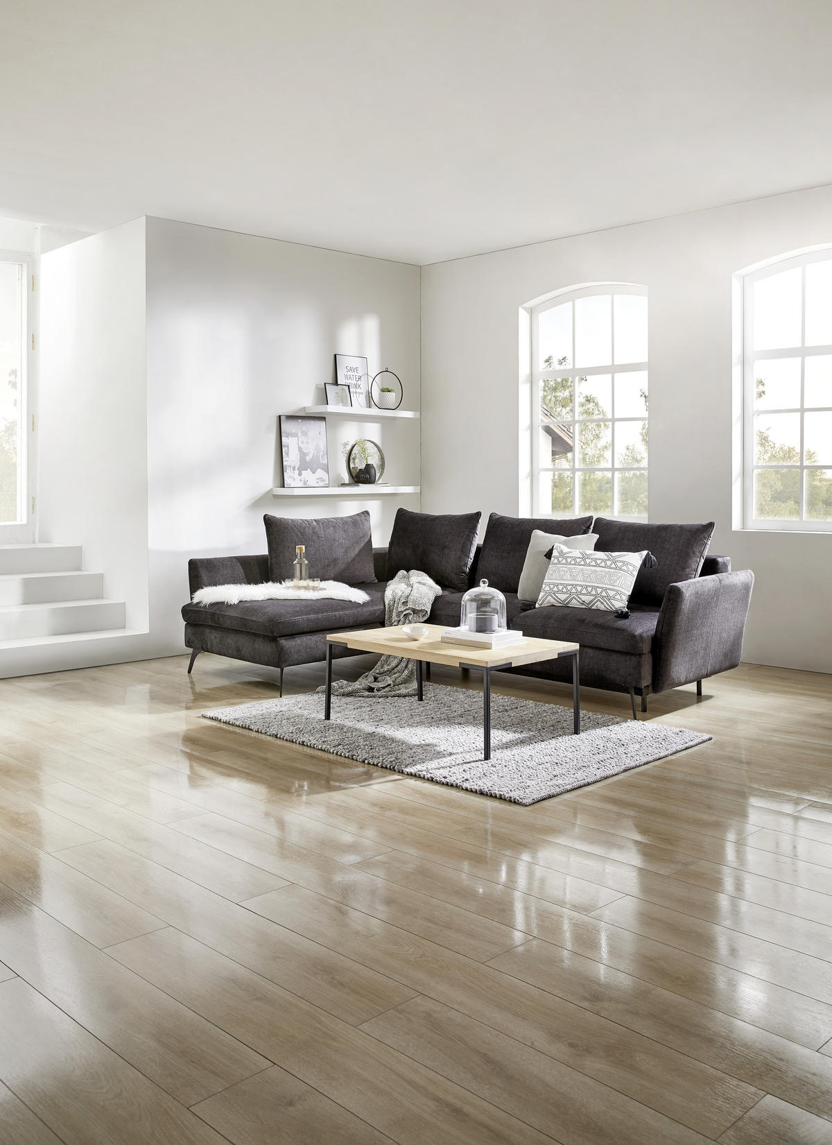 ECKSOFA in Webstoff Dunkelgrau  - Dunkelgrau/Schwarz, Design, Textil/Metall (182/282cm) - Stylife