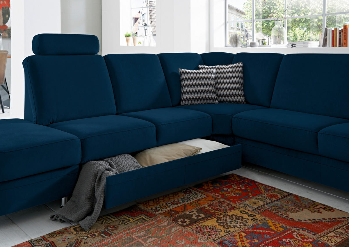 ECKSOFA in Flachgewebe Dunkelblau  - Alufarben/Dunkelblau, Konventionell, Textil/Metall (287/269cm) - Beldomo System