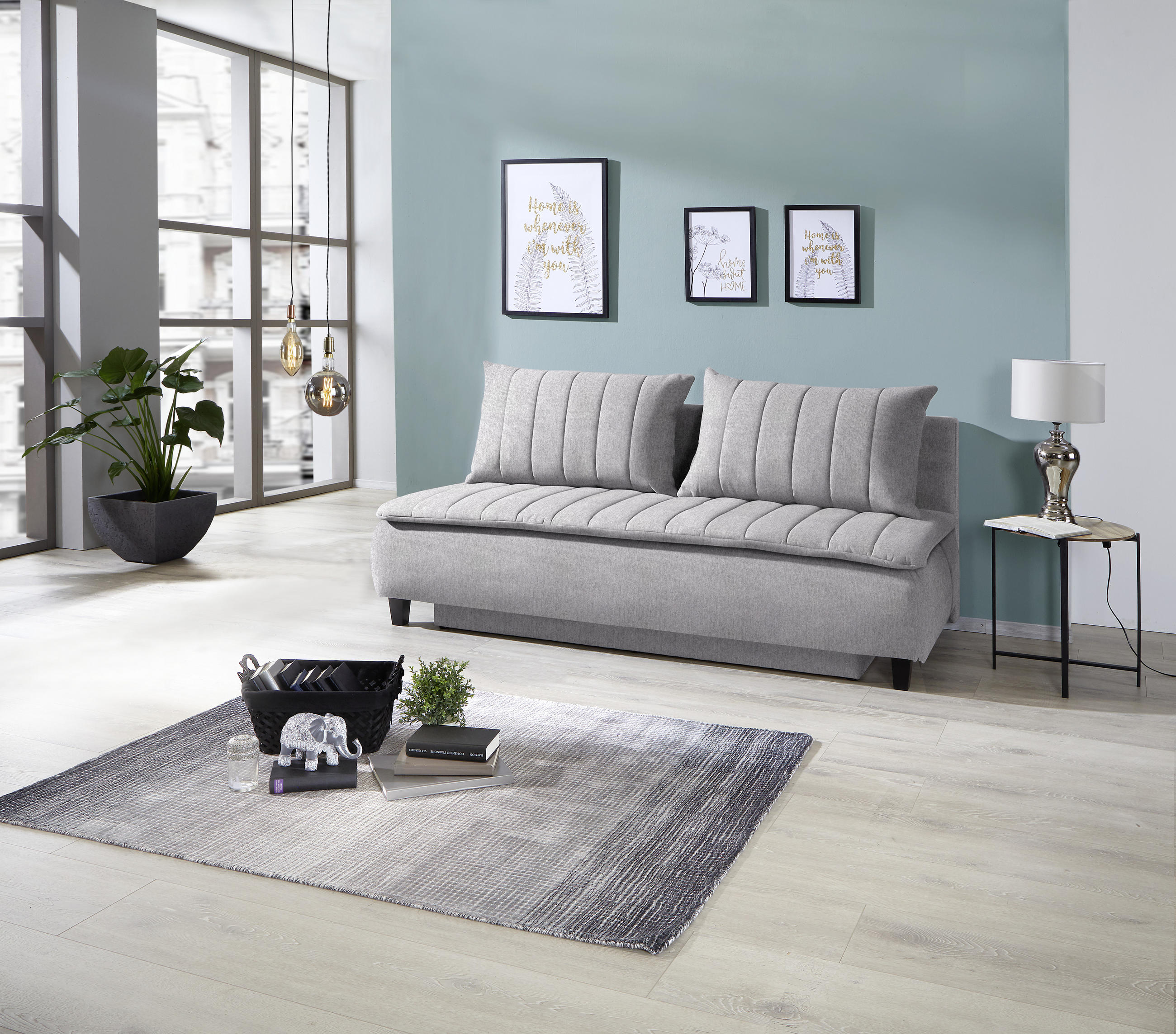 BOXSPRINGSOFA Webstoff Greige  - Greige/Schwarz, MODERN, Holz/Textil (208/102/96cm) - MID.YOU