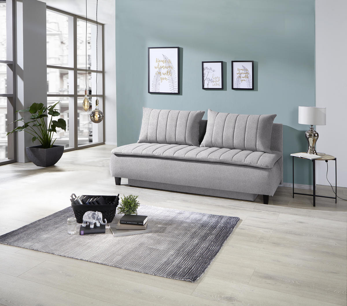 BOXSPRINGSOFA Webstoff Greige  - Greige/Schwarz, MODERN, Holz/Textil (208/102/96cm) - MID.YOU