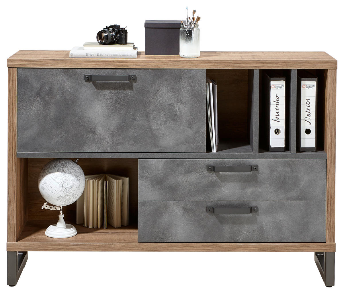 KOMODA, sivá, farba duba, 140/97/35 cm - sivá/farba duba, Trend, kov/kompozitné drevo (140/97/35cm) - Stylife
