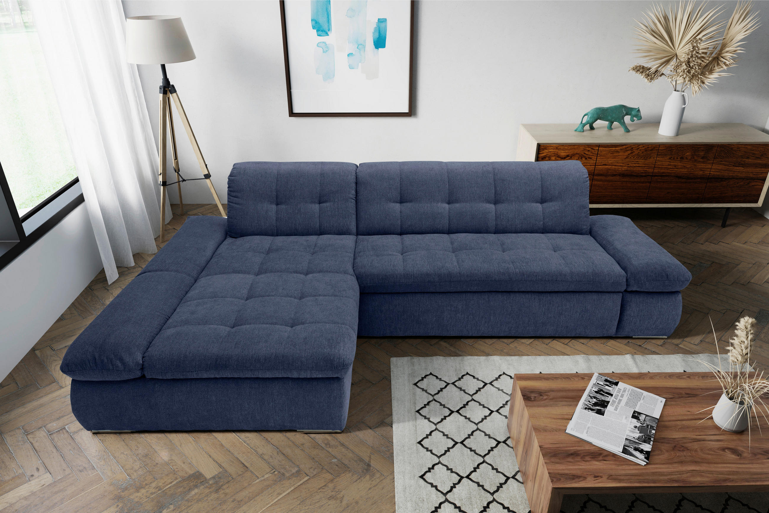 ECKSOFA Dunkelblau Mikrofaser - Chromfarben/Dunkelblau, KONVENTIONELL, Textil/Metall (172/300cm) - MID.YOU
