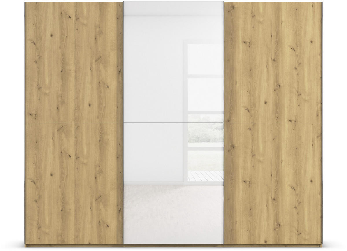 SCHWEBETÜRENSCHRANK 270/223/68 cm 3-türig Weiß, Eichefarben, Chromfarben  - Chromfarben/Eichefarben, Design, Glas/Holz (270/223/68cm) - Novel