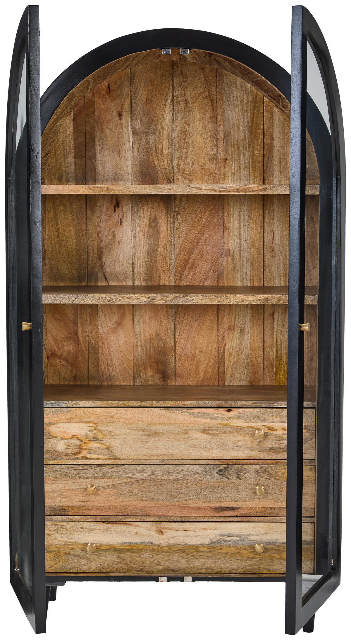 VITRINE in vollmassiv Mangoholz Naturfarben, Schwarz  - Goldfarben/Schwarz, Design, Glas/Holz (96/170/40cm) - Livetastic