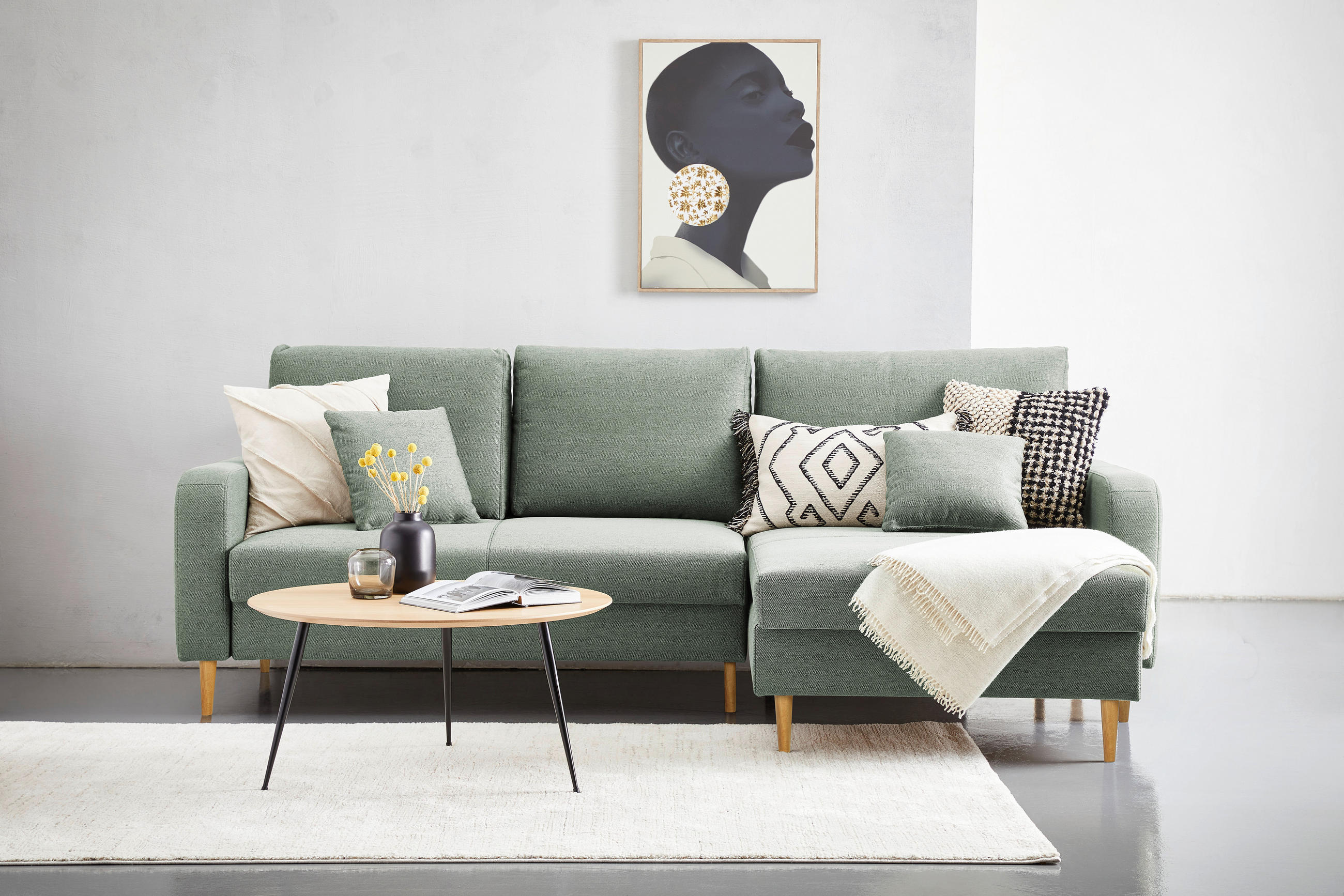 ECKSOFA in Flachgewebe Salbeigrün  - Salbeigrün/Eiche Wotan, Konventionell, Holz/Textil (255/157cm) - Carryhome