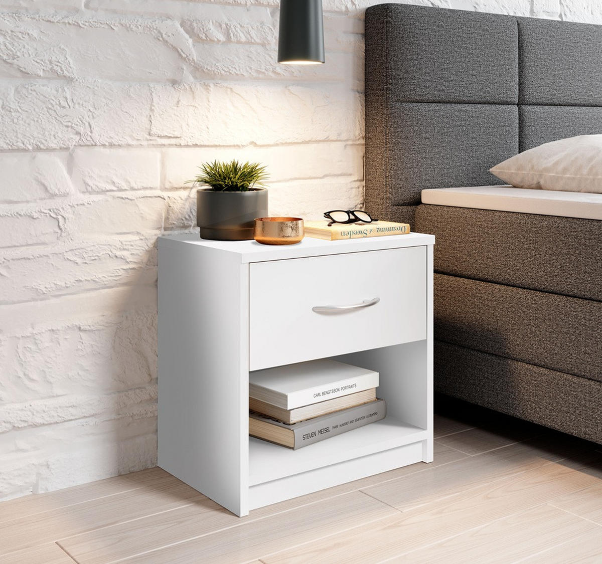 Noptieră, 39/41/28 cm, alb - alb/culoare aluminiu, Design, plastic/material pe bază de lemn (39/41/28cm) - Boxxx