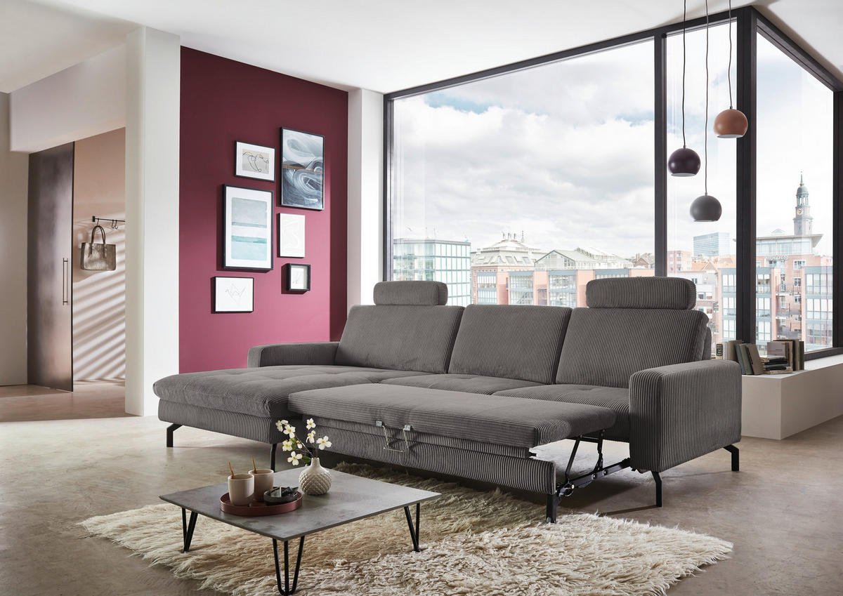 ECKSOFA in Cord Anthrazit  - Anthrazit/Schwarz, Design, Textil/Metall (178/302cm) - Beldomo Style