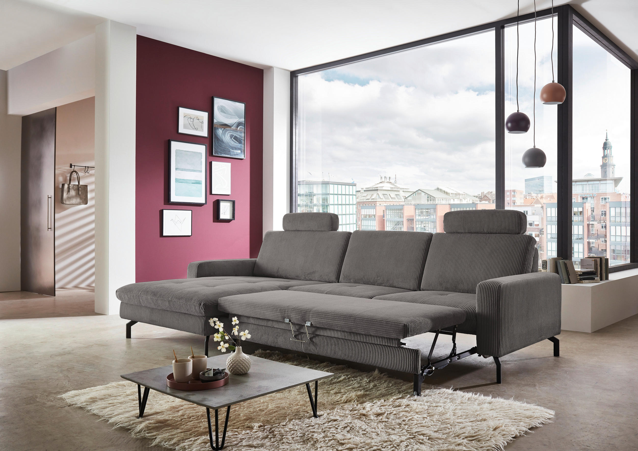 Thumbnail - Carryhome Ecksofa, Anthrazit, Textil, 3-Sitzer, Ottomane links, L-Form, 302x178 cm, Goldenes M, Made in EU, Stoffauswahl...