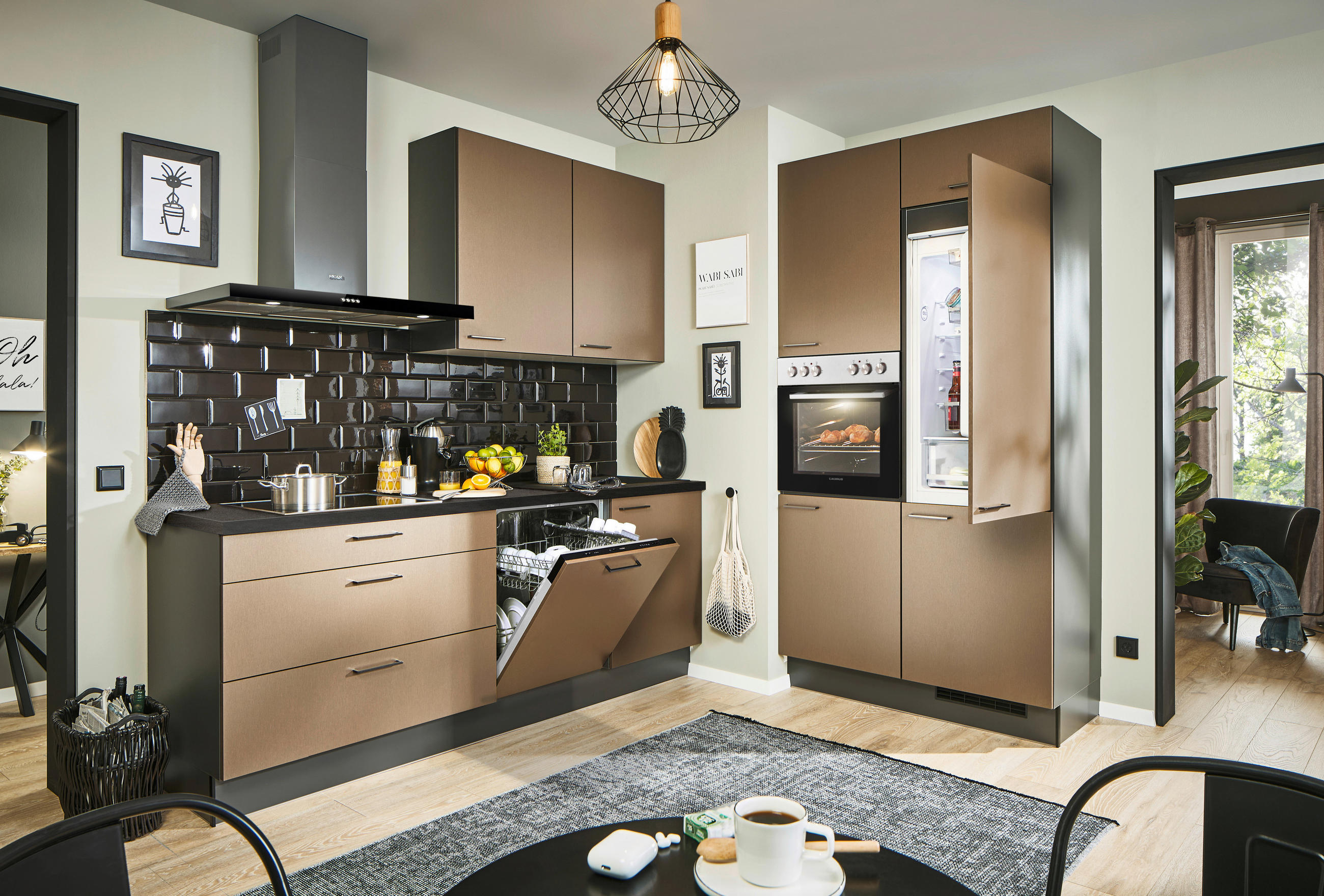 ECKKÜCHE 220/120 cm in Graphitfarben, Schwarz, Bronzefarben - Chromfarben/Schwarz, Design, Holzwerkstoff/Metall (220/120cm) - Xora