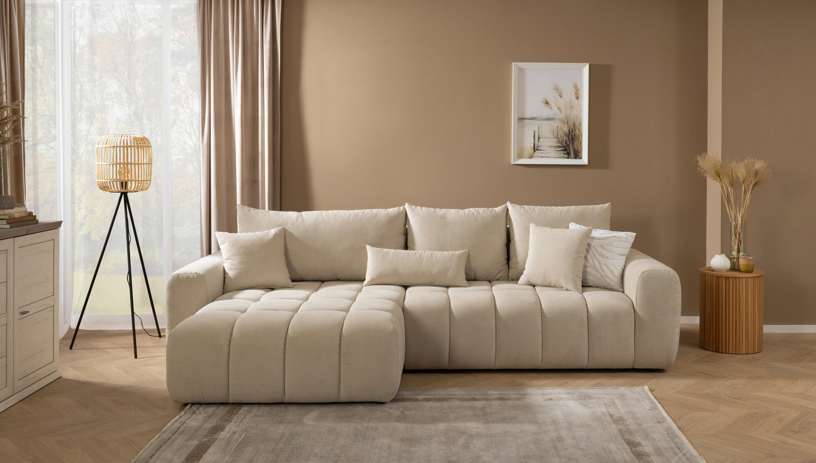 ECKSOFA in Velours Creme  - Creme/Schwarz, KONVENTIONELL, Kunststoff/Textil (168/298cm) - Carryhome