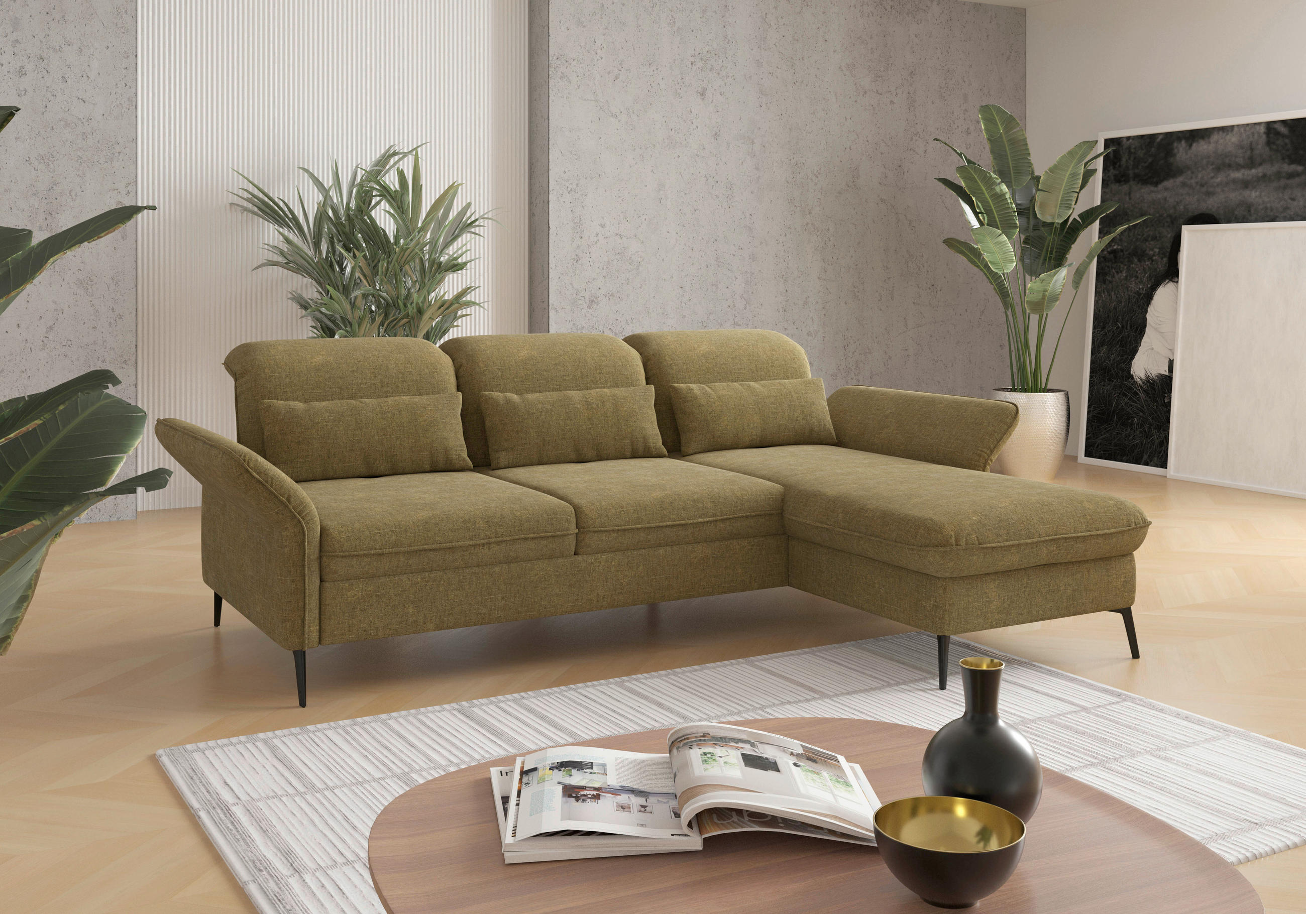 ECKSOFA Olivgrün Flachgewebe  - Schwarz/Olivgrün, KONVENTIONELL, Textil/Metall (264/198cm) - Sit & More